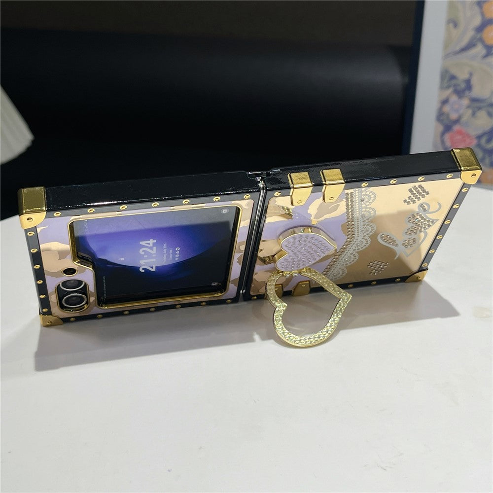 For Samsung Galaxy Z Flip7 FE 5G / Z Flip6 5G Case Heart Pattern Electroplating TPU + PC Phone Cover with Kickstand - Lake Blue