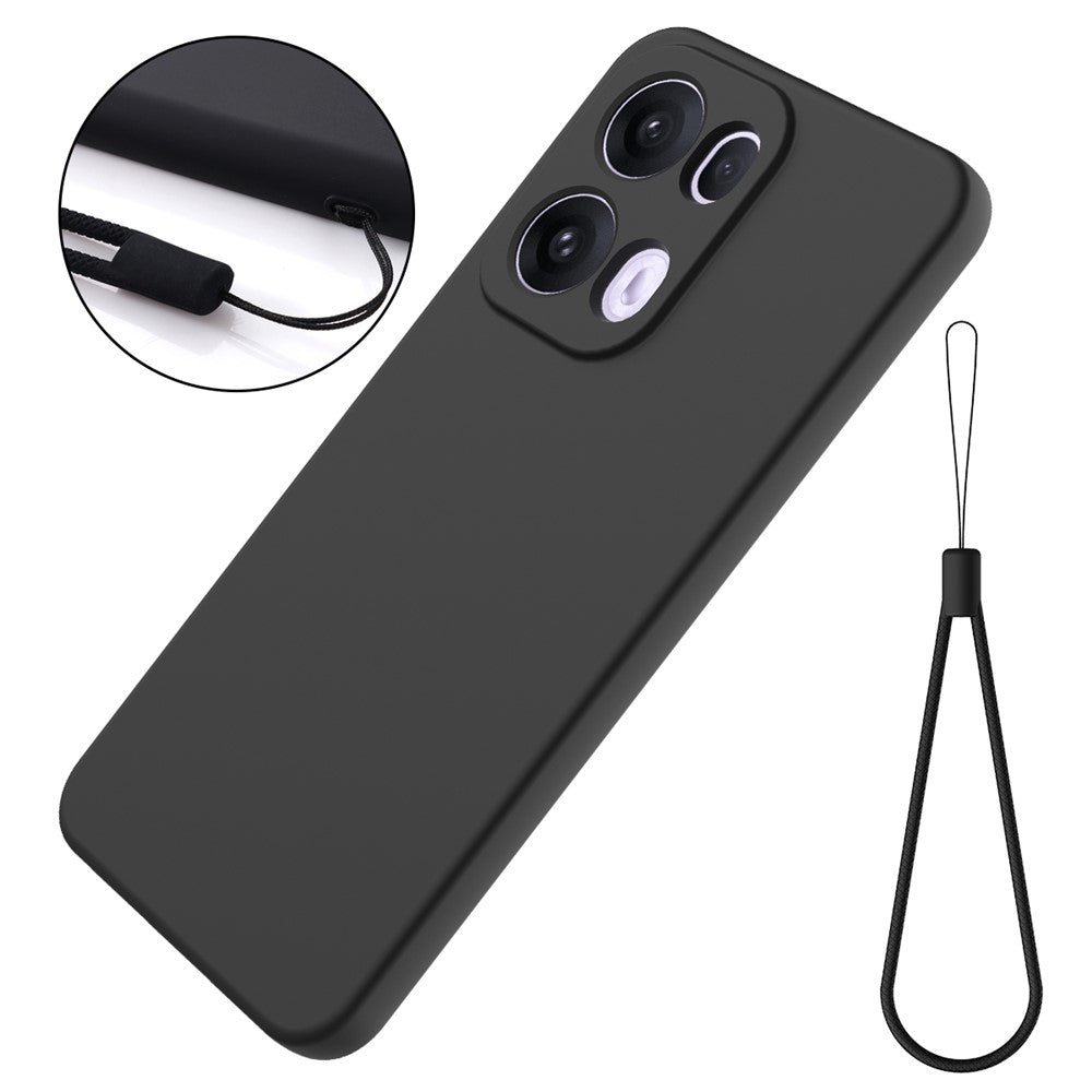 For Oppo Reno13 Pro 5G Liquid Silicone Case Phone Back Cover with Hand Strap - Black
