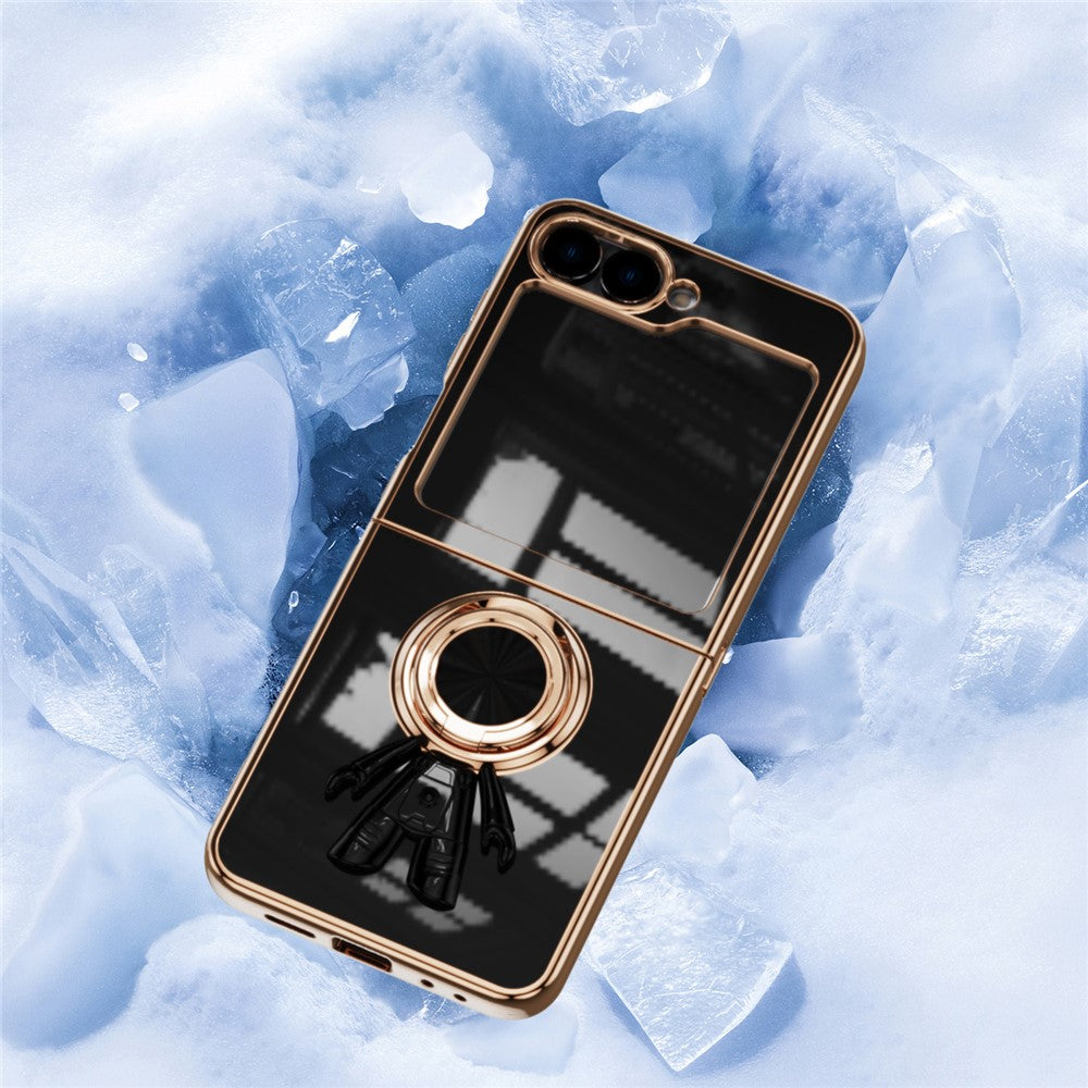 For Samsung Galaxy Z Flip7 FE 5G / Z Flip6 5G Case with Astronaut Ring Kickstand 6D Electroplating TPU Phone Cover - Black
