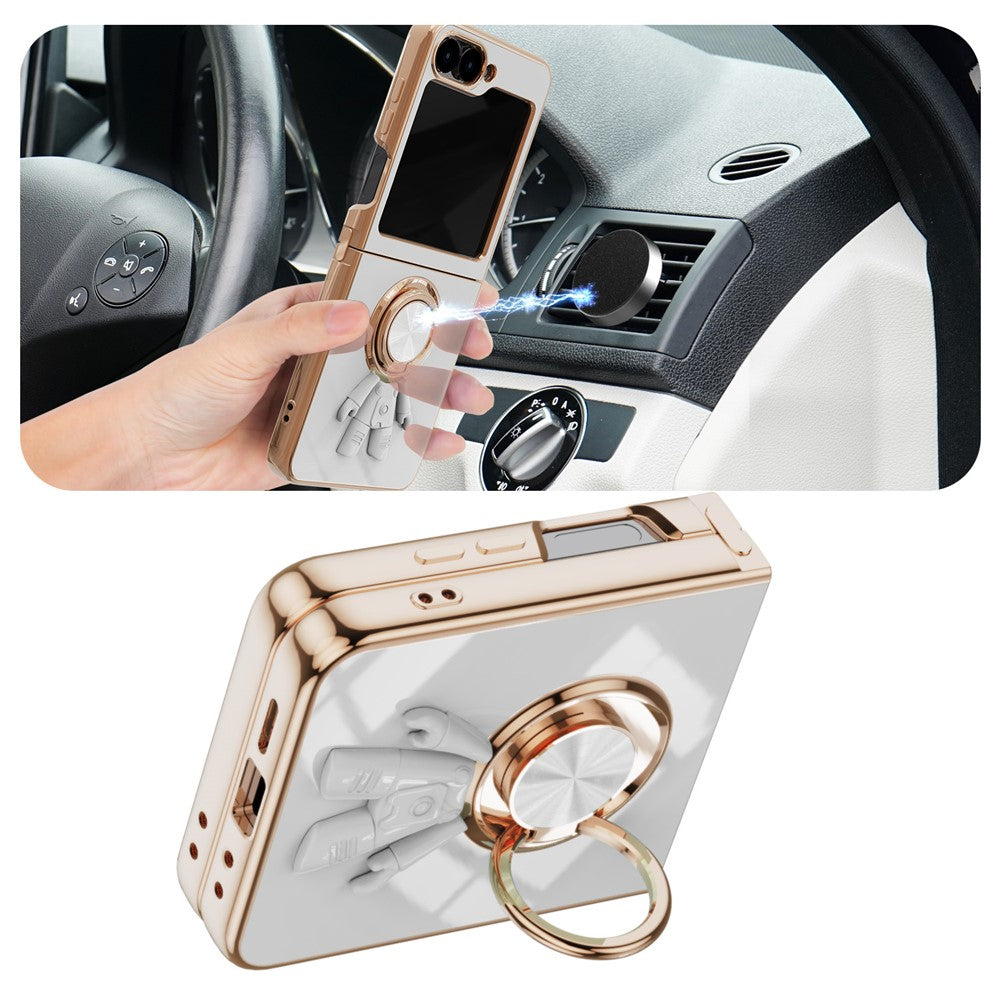 For Samsung Galaxy Z Flip7 FE 5G / Z Flip6 5G Case with Astronaut Ring Kickstand 6D Electroplating TPU Phone Cover - White