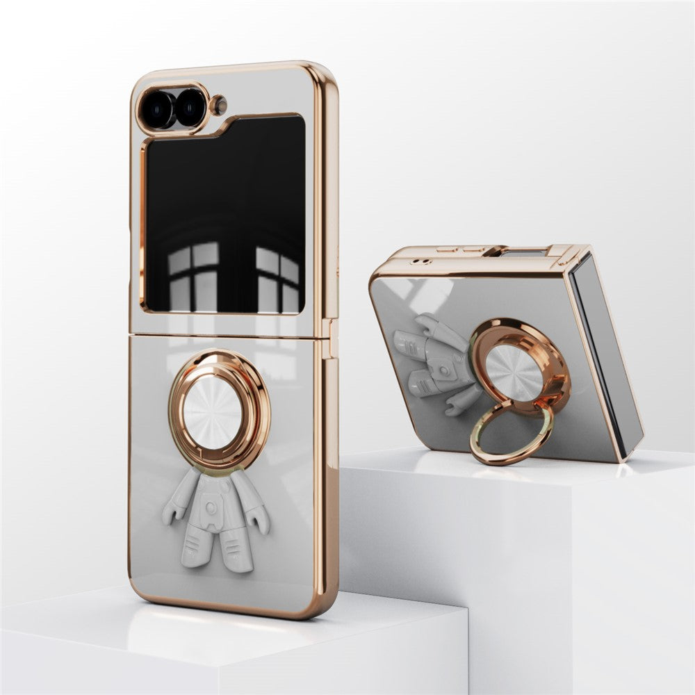 For Samsung Galaxy Z Flip7 FE 5G / Z Flip6 5G Case with Astronaut Ring Kickstand 6D Electroplating TPU Phone Cover - White