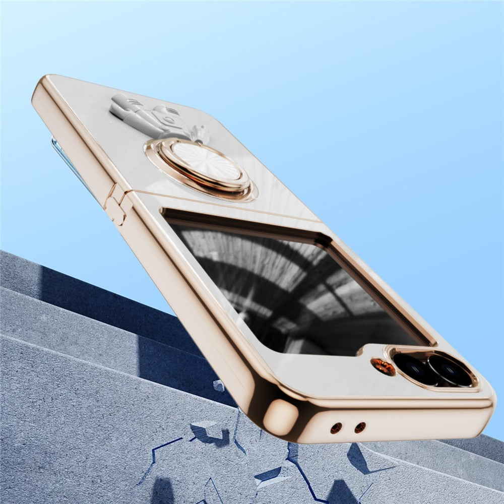 For Samsung Galaxy Z Flip7 FE 5G / Z Flip6 5G Case with Astronaut Ring Kickstand 6D Electroplating TPU Phone Cover - White