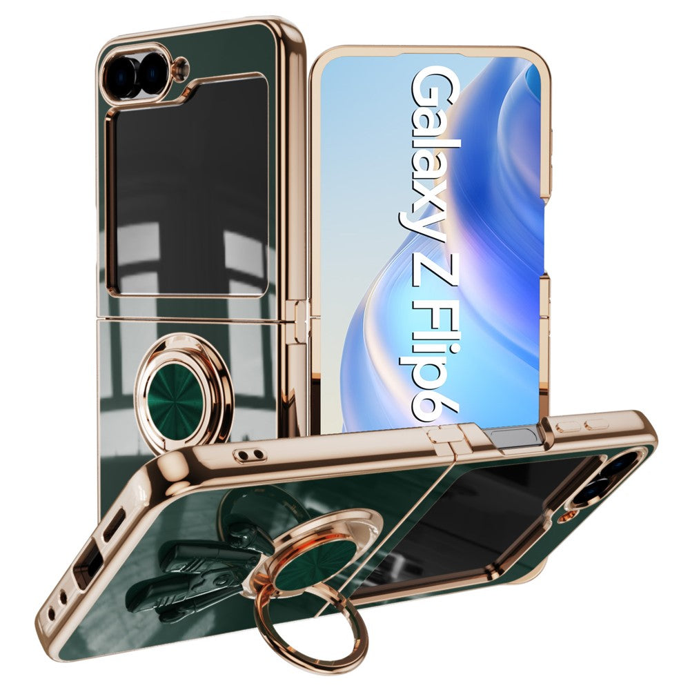 For Samsung Galaxy Z Flip7 FE 5G / Z Flip6 5G Case with Astronaut Ring Kickstand 6D Electroplating TPU Phone Cover - Midnight Green