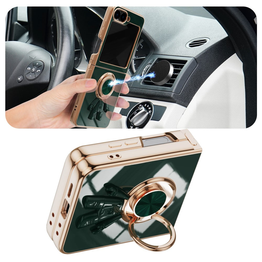 For Samsung Galaxy Z Flip7 FE 5G / Z Flip6 5G Case with Astronaut Ring Kickstand 6D Electroplating TPU Phone Cover - Midnight Green