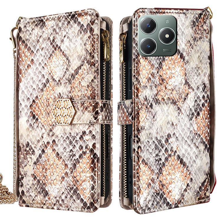 For Realme C61 4G Case Snake Skin Texture PU Leather Phone Wallet Cover with Shoulder Strap - White