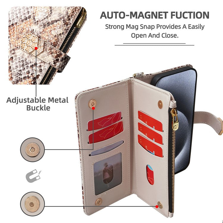 For Realme C61 4G Case Snake Skin Texture PU Leather Phone Wallet Cover with Shoulder Strap - White