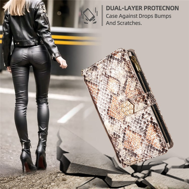 For Realme C61 4G Case Snake Skin Texture PU Leather Phone Wallet Cover with Shoulder Strap - White