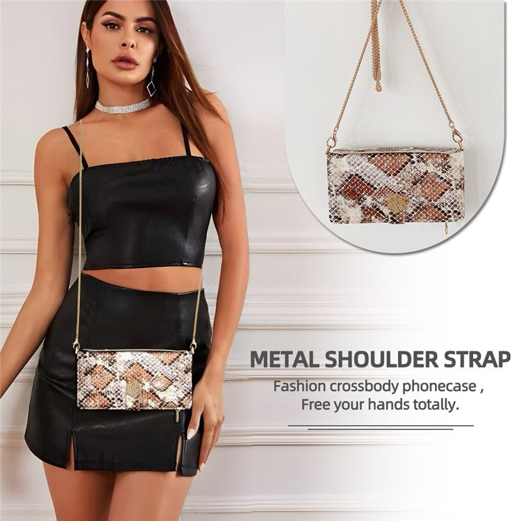 For Realme C61 4G Case Snake Skin Texture PU Leather Phone Wallet Cover with Shoulder Strap - White
