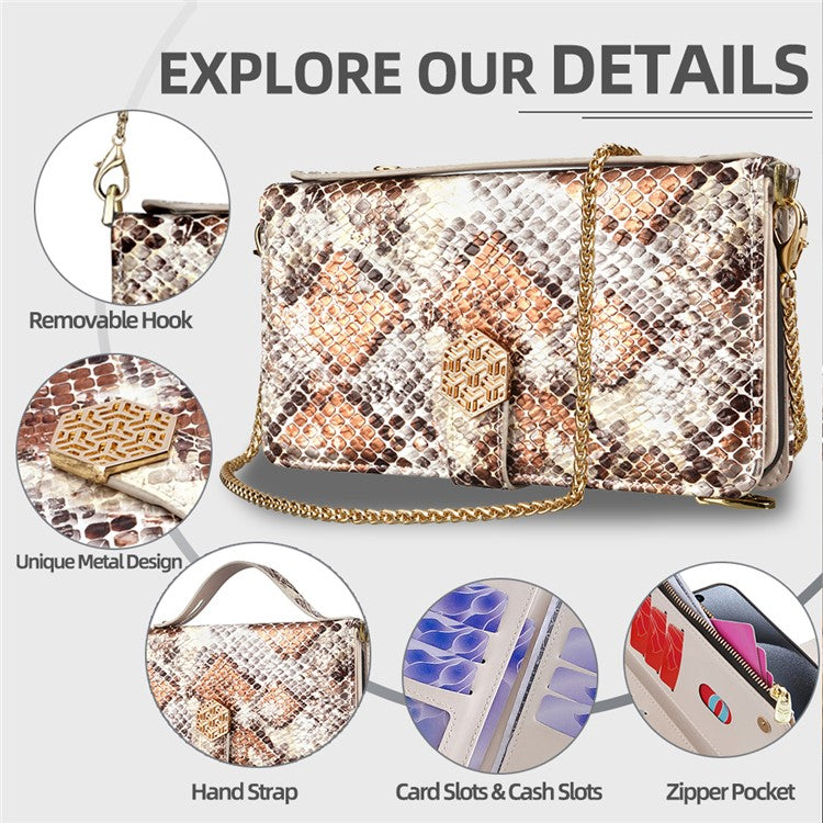 For Realme C61 4G Case Snake Skin Texture PU Leather Phone Wallet Cover with Shoulder Strap - White