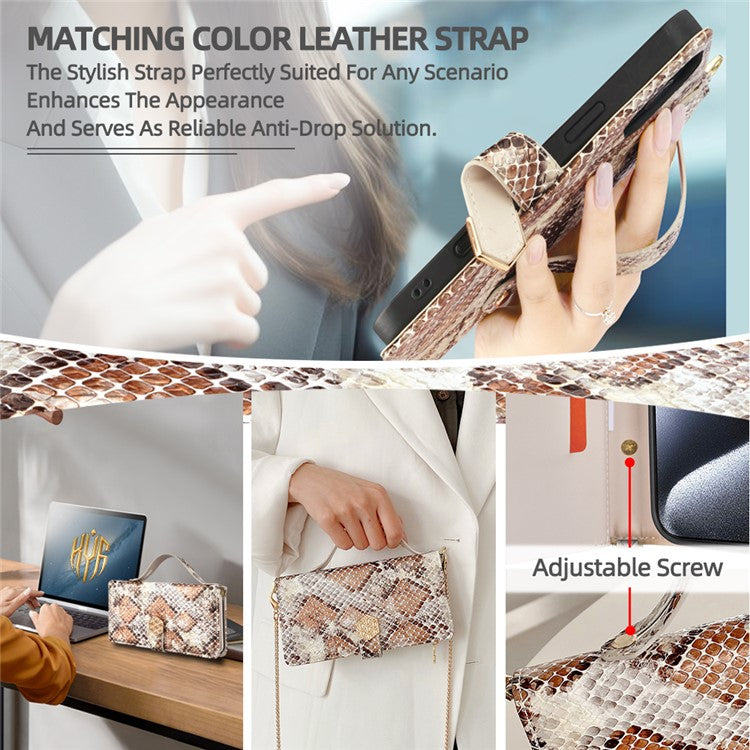 For Realme C61 4G Case Snake Skin Texture PU Leather Phone Wallet Cover with Shoulder Strap - White