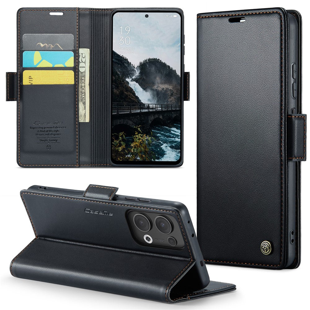 For Oppo Reno13 5G (Global) Case CASEME 023 Series RFID Blocking Leather Wallet Stand Phone Cover - Black