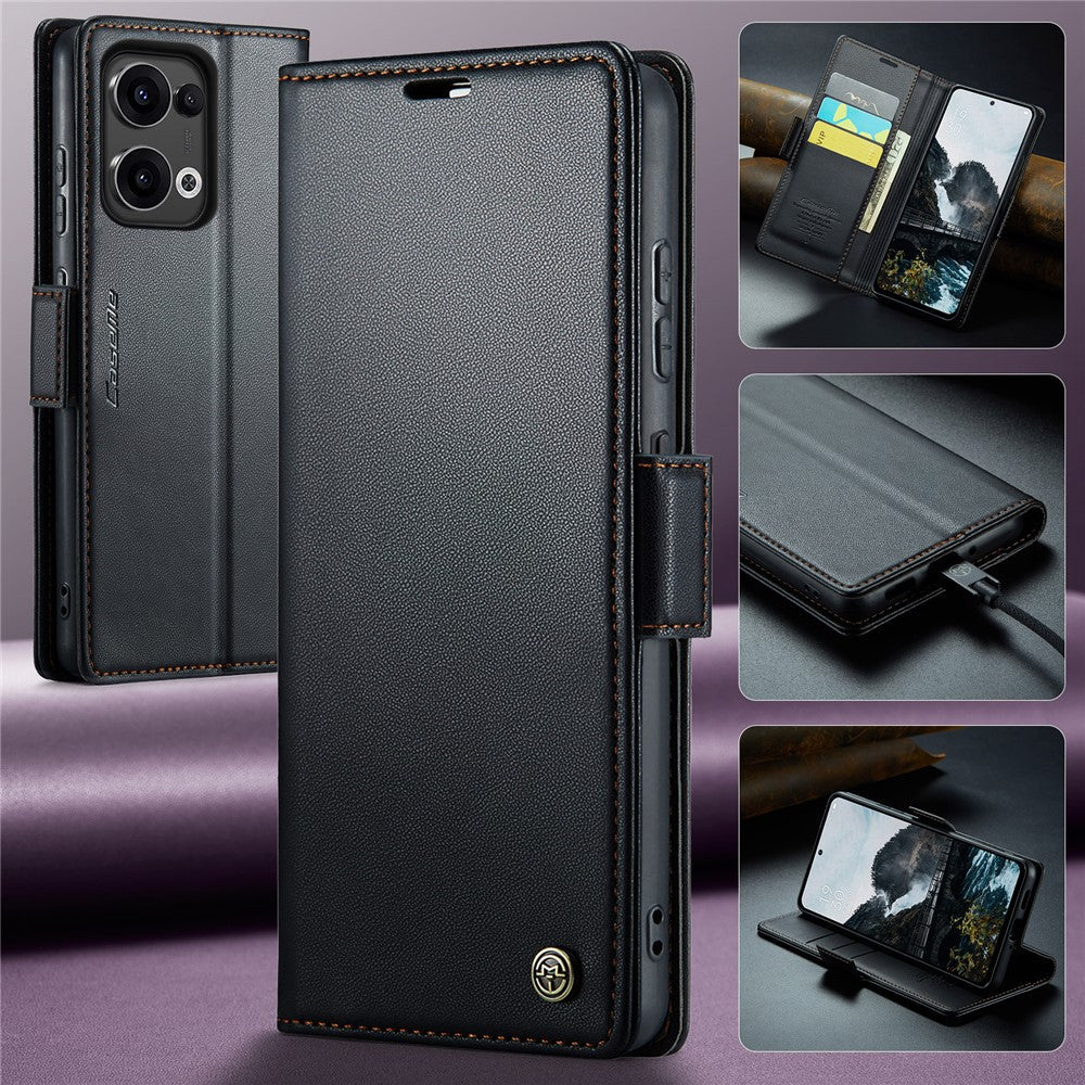 For Oppo Reno13 5G (Global) Case CASEME 023 Series RFID Blocking Leather Wallet Stand Phone Cover - Black