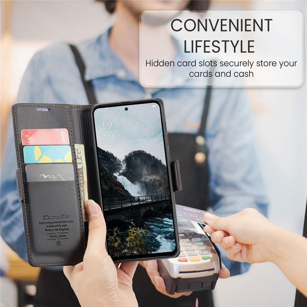For Oppo Reno13 5G (Global) Case CASEME 023 Series RFID Blocking Leather Wallet Stand Phone Cover - Black