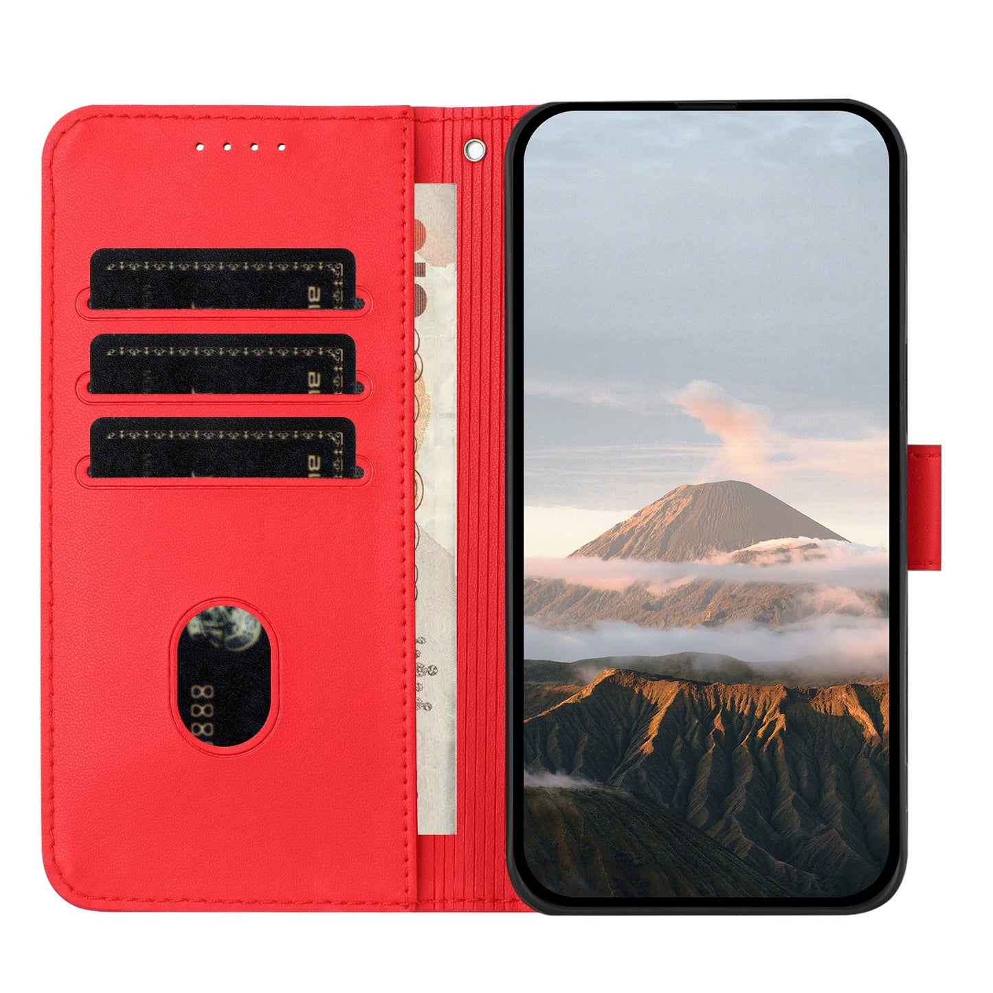 For Samsung Galaxy M06 5G / Galaxy F06 5G Case Triangle Imprint Leather Phone Cover with Lanyard - Red