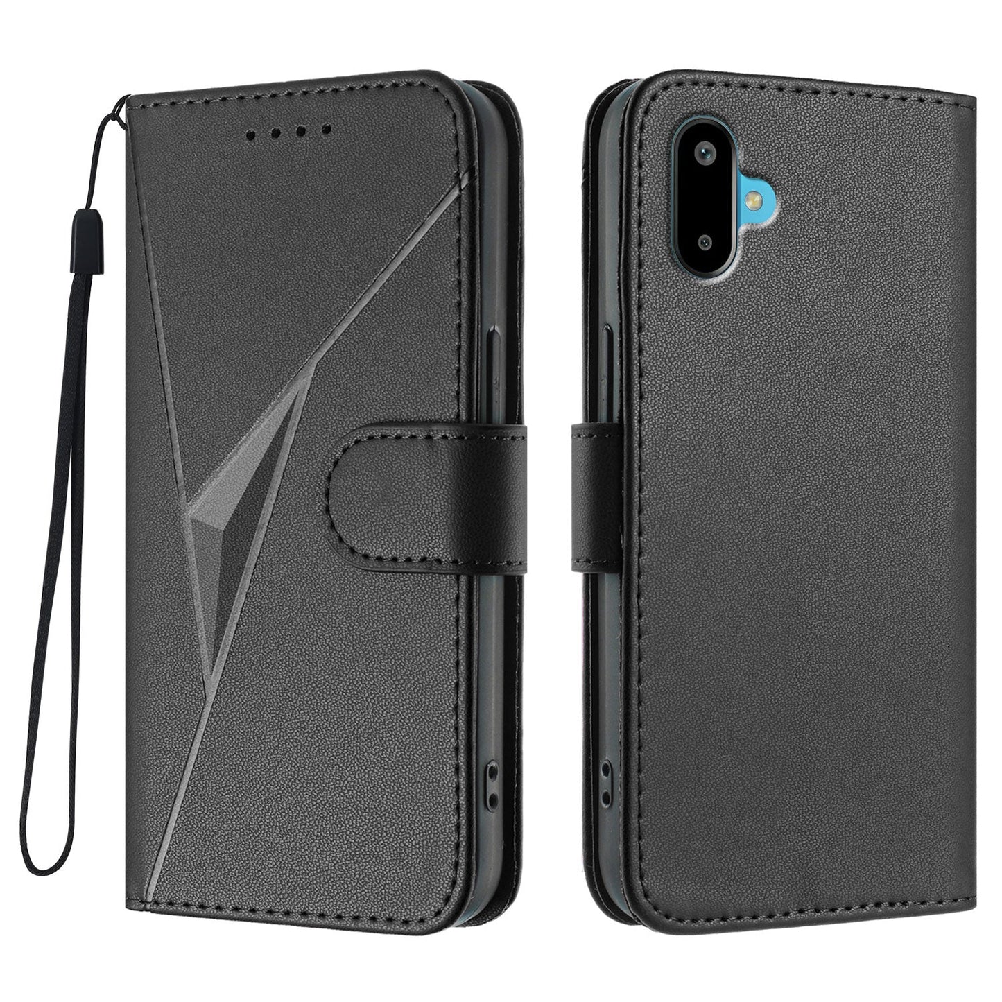 For Samsung Galaxy M06 5G / Galaxy F06 5G Case Triangle Imprint Leather Phone Cover with Lanyard - Black