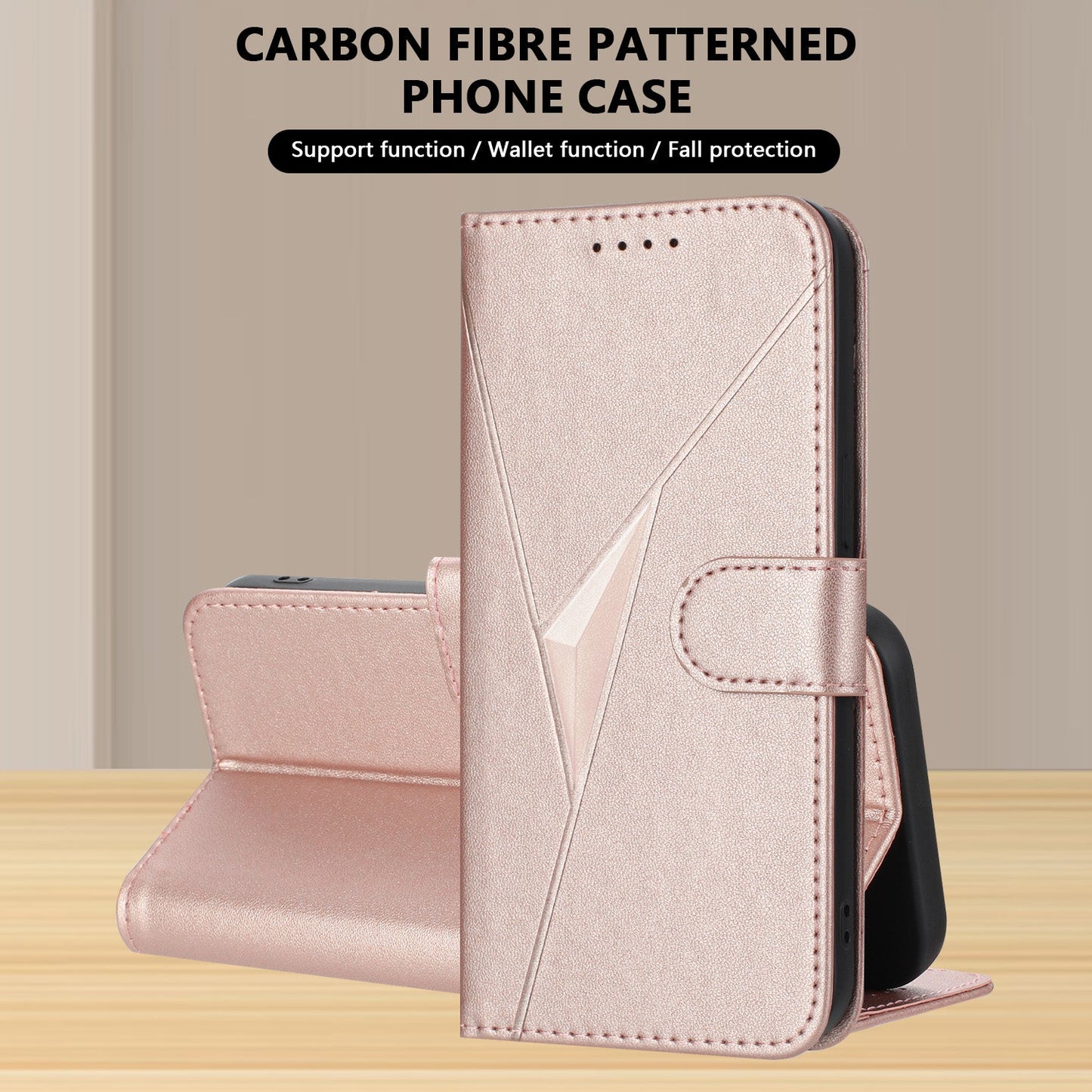 For Samsung Galaxy M06 5G / Galaxy F06 5G Case Triangle Imprint Leather Phone Cover with Lanyard - Rose Gold