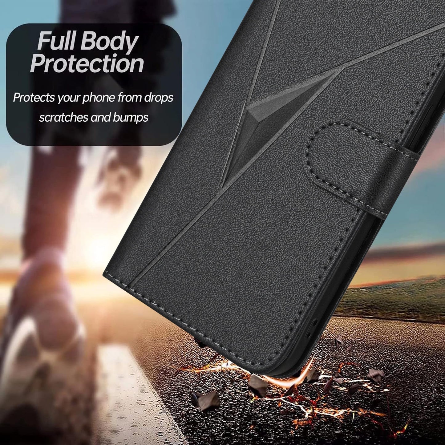 For Samsung Galaxy M16 5G / Galaxy F16 5G Case Triangle Imprint Leather Phone Cover with Lanyard - Black