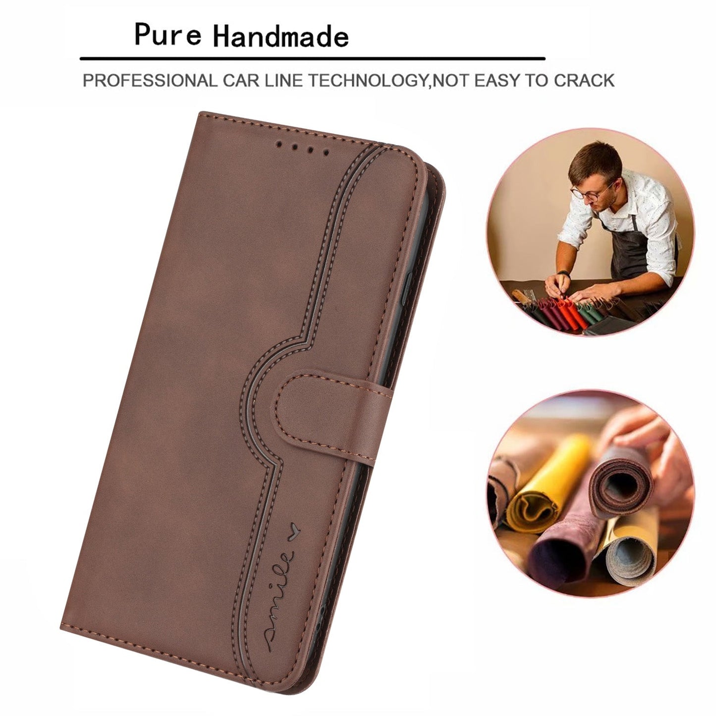 For Samsung Galaxy M06 5G / Galaxy F06 5G Leather Case Wallet Stand Smile Imprinted Phone Cover with Strap - Coffee