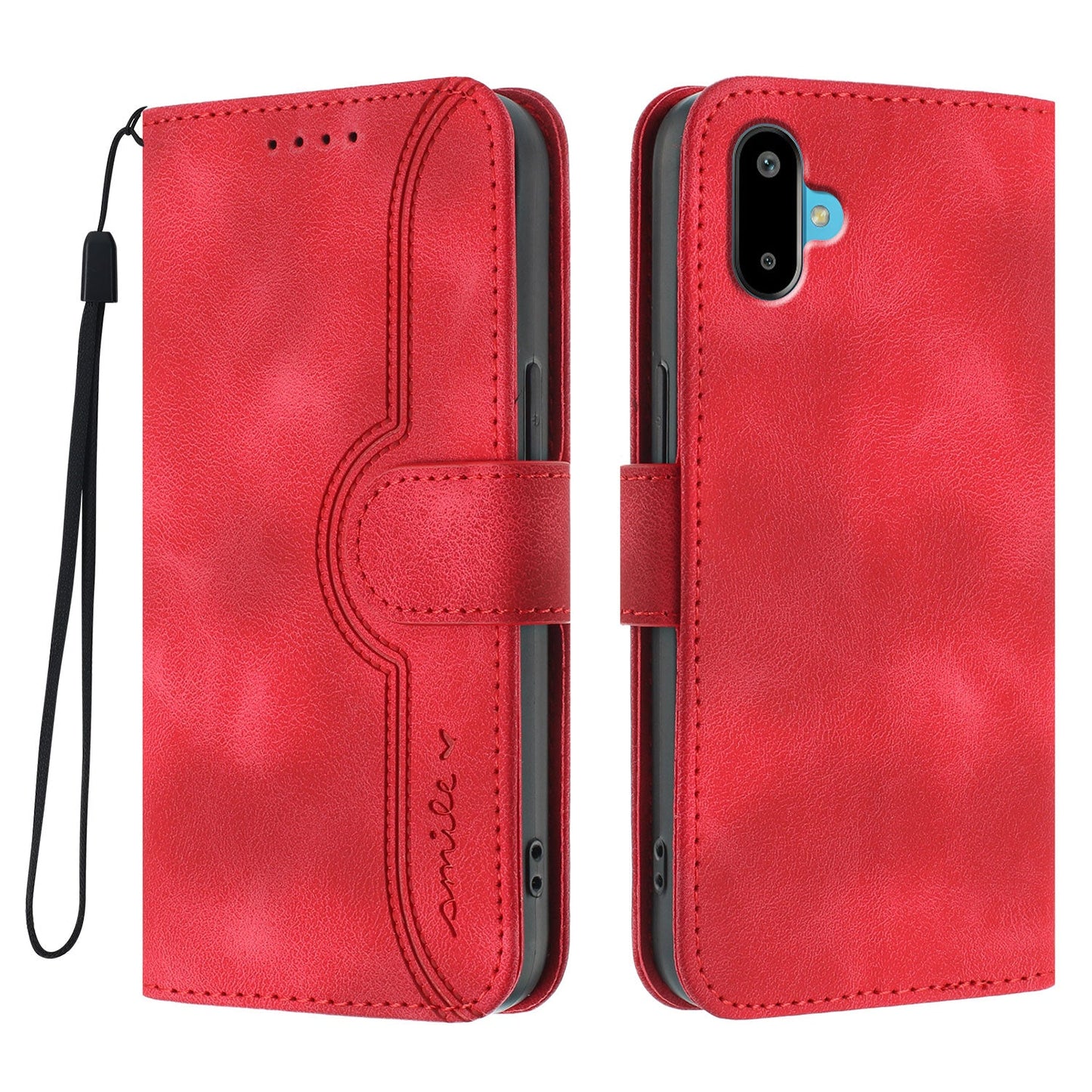 For Samsung Galaxy M06 5G / Galaxy F06 5G Leather Case Wallet Stand Smile Imprinted Phone Cover with Strap - Red