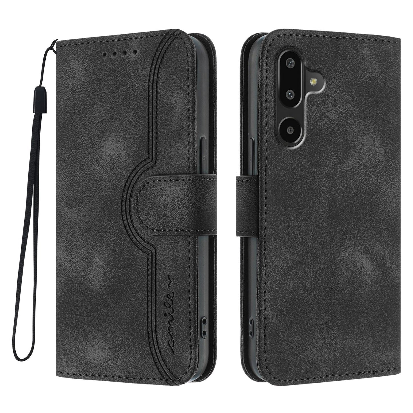 For Samsung Galaxy M16 5G / Galaxy F16 5G Leather Case Wallet Stand Smile Imprinted Phone Cover with Strap - Black