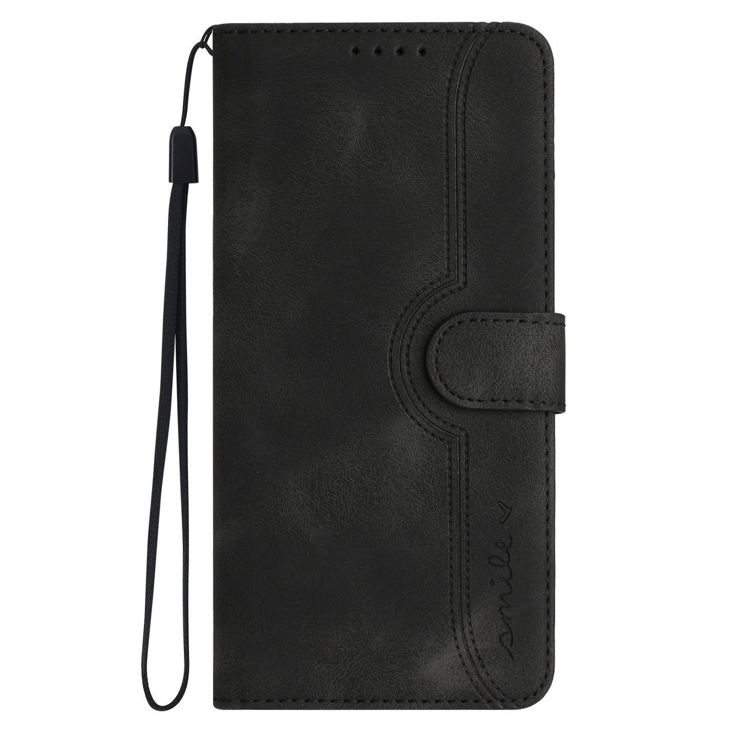 For Samsung Galaxy M16 5G / Galaxy F16 5G Leather Case Wallet Stand Smile Imprinted Phone Cover with Strap - Black