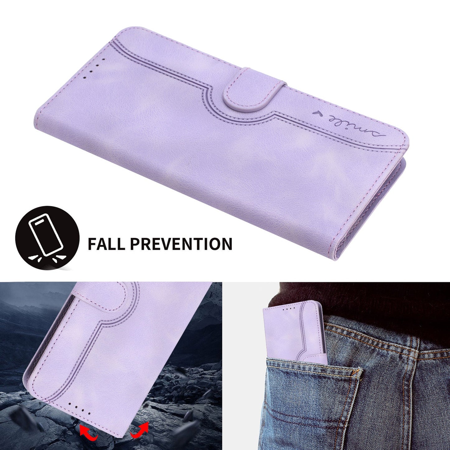 For Samsung Galaxy M16 5G / Galaxy F16 5G Leather Case Wallet Stand Smile Imprinted Phone Cover with Strap - Purple