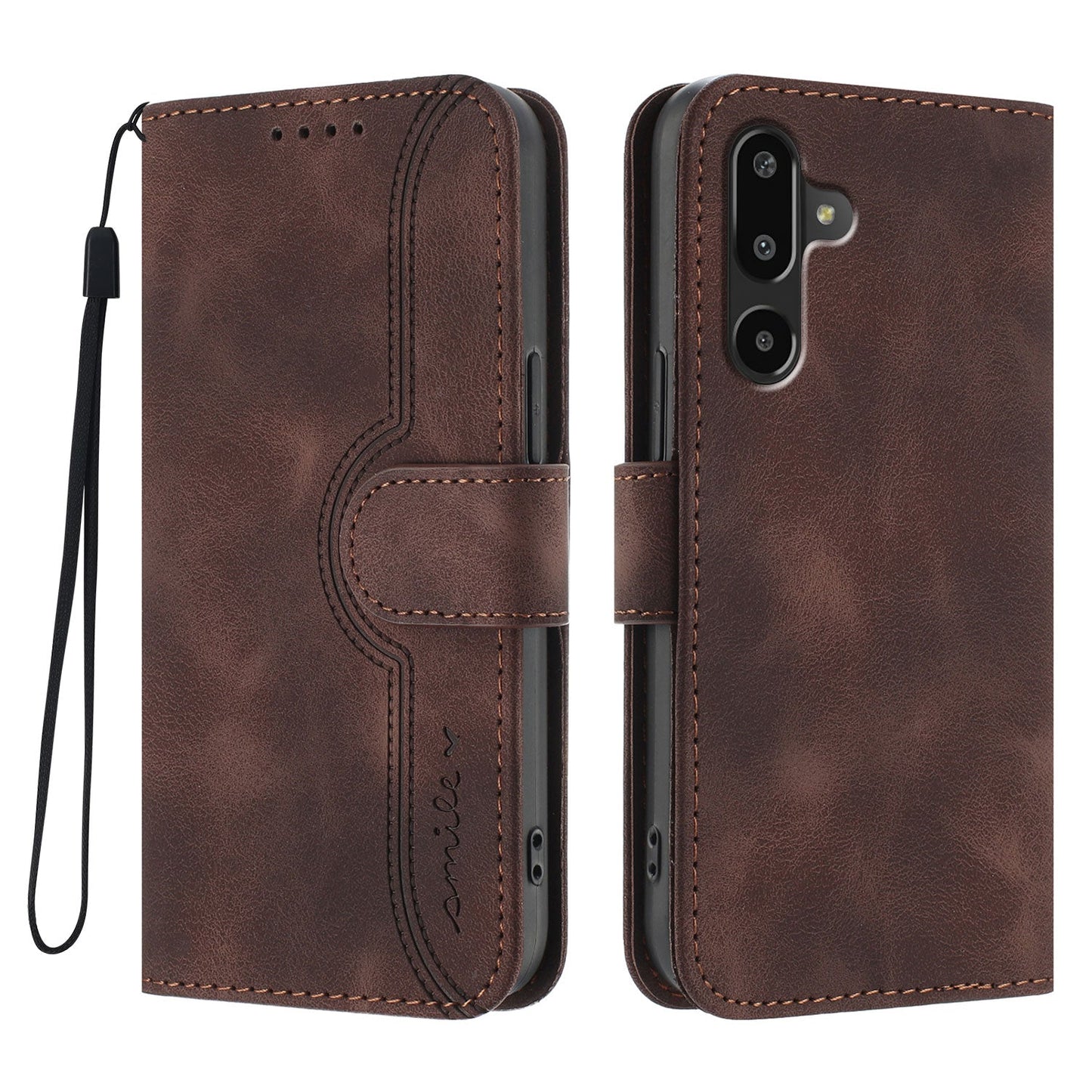 For Samsung Galaxy M16 5G / Galaxy F16 5G Leather Case Wallet Stand Smile Imprinted Phone Cover with Strap - Coffee
