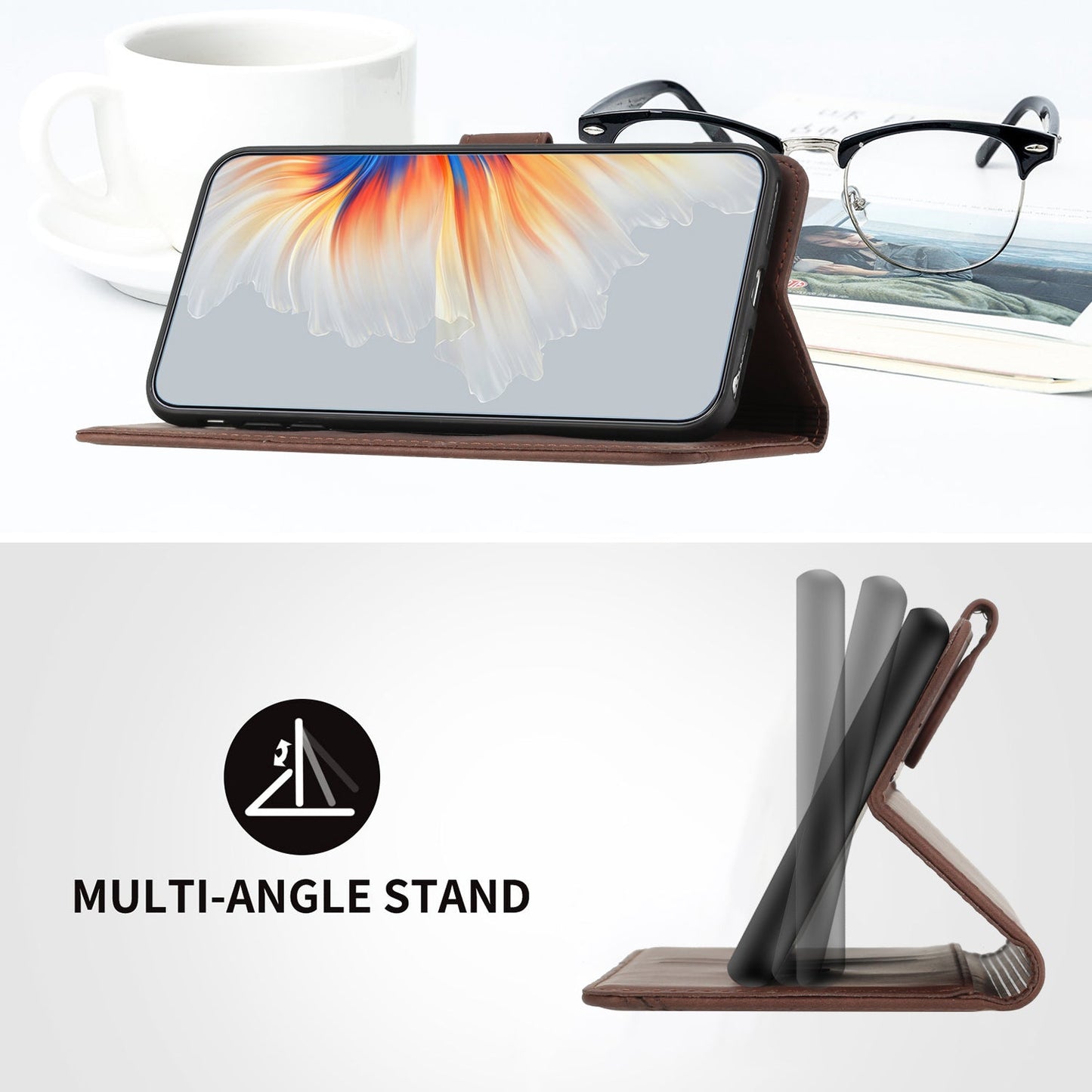 For Samsung Galaxy M16 5G / Galaxy F16 5G Leather Case Wallet Stand Smile Imprinted Phone Cover with Strap - Coffee