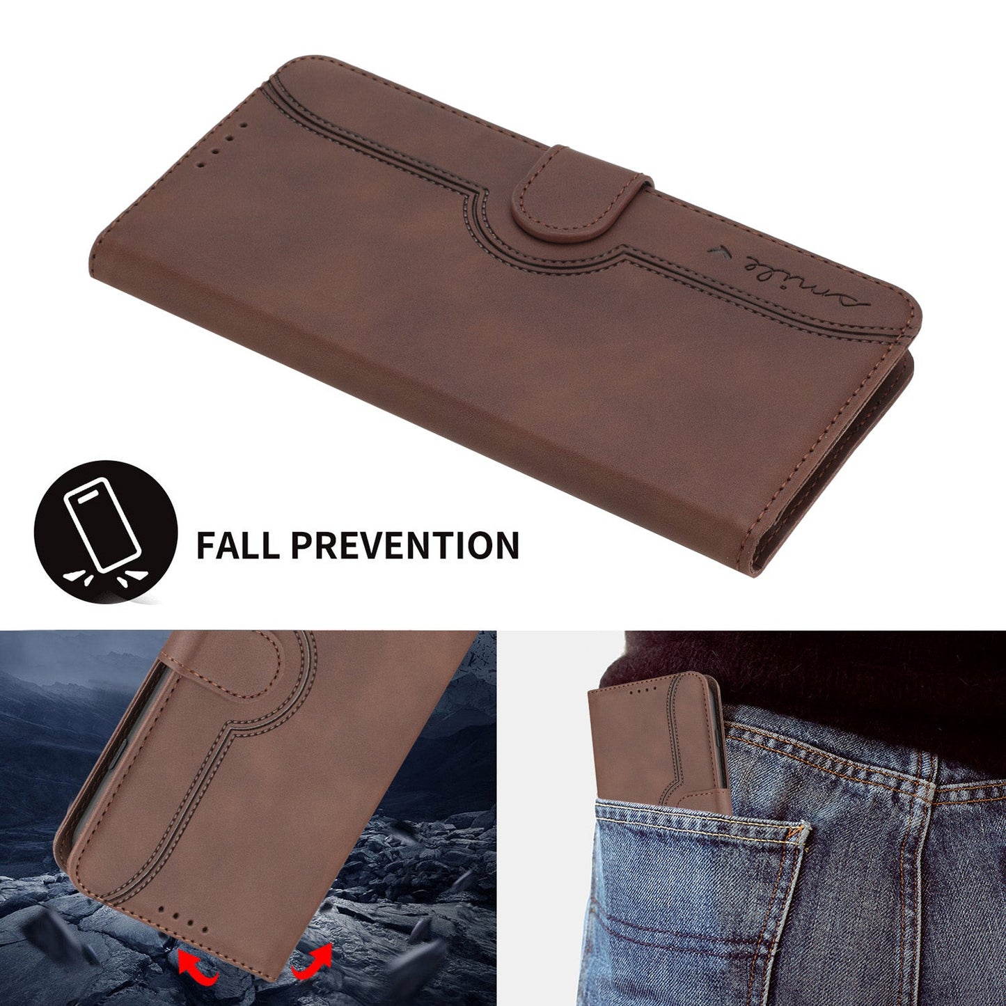 For Samsung Galaxy M16 5G / Galaxy F16 5G Leather Case Wallet Stand Smile Imprinted Phone Cover with Strap - Coffee