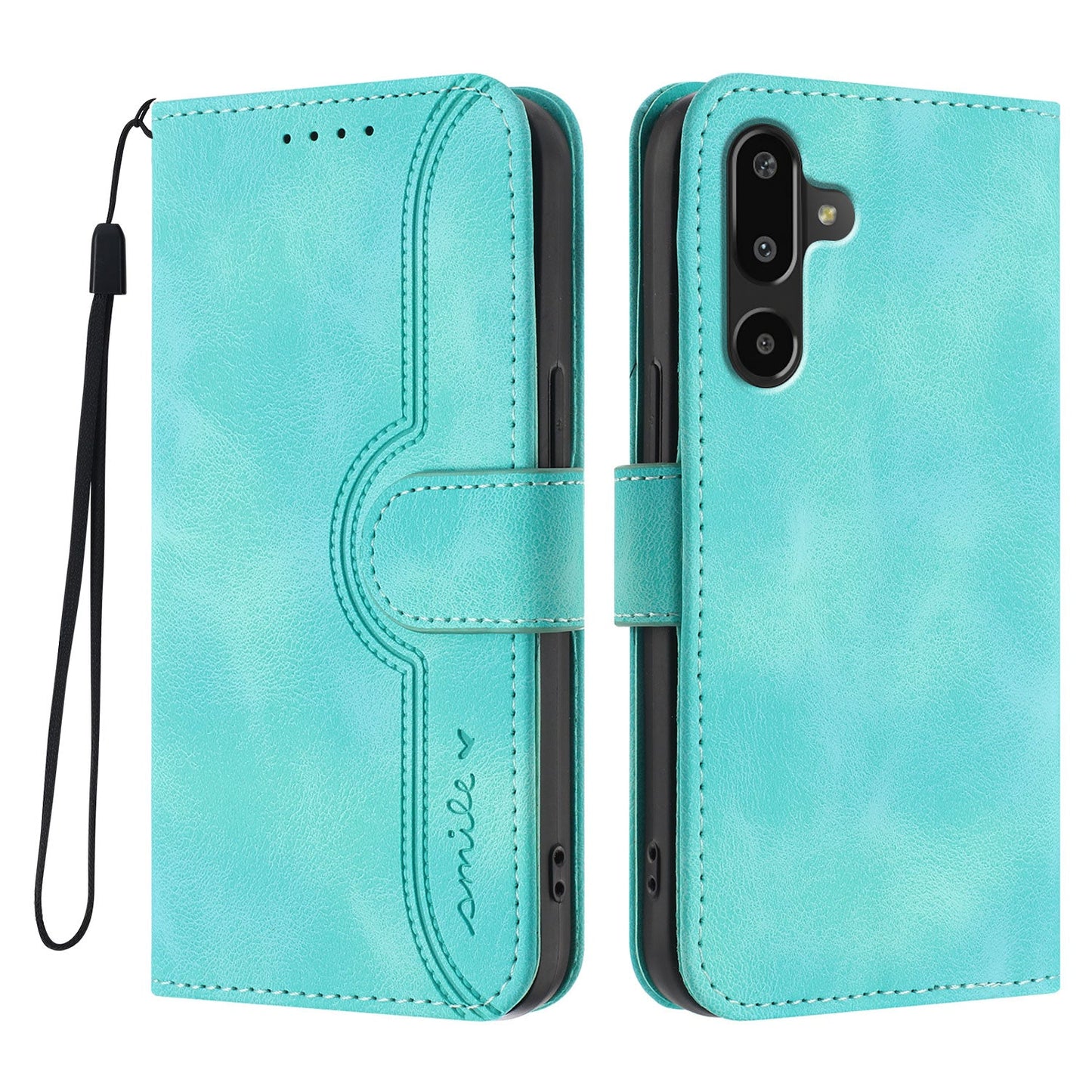 For Samsung Galaxy M16 5G / Galaxy F16 5G Leather Case Wallet Stand Smile Imprinted Phone Cover with Strap - Light Blue