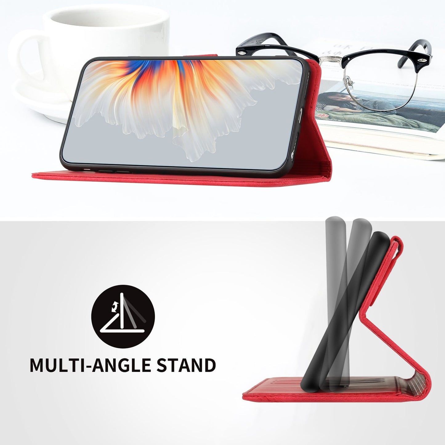 For Samsung Galaxy M16 5G / Galaxy F16 5G Leather Case Wallet Stand Smile Imprinted Phone Cover with Strap - Red