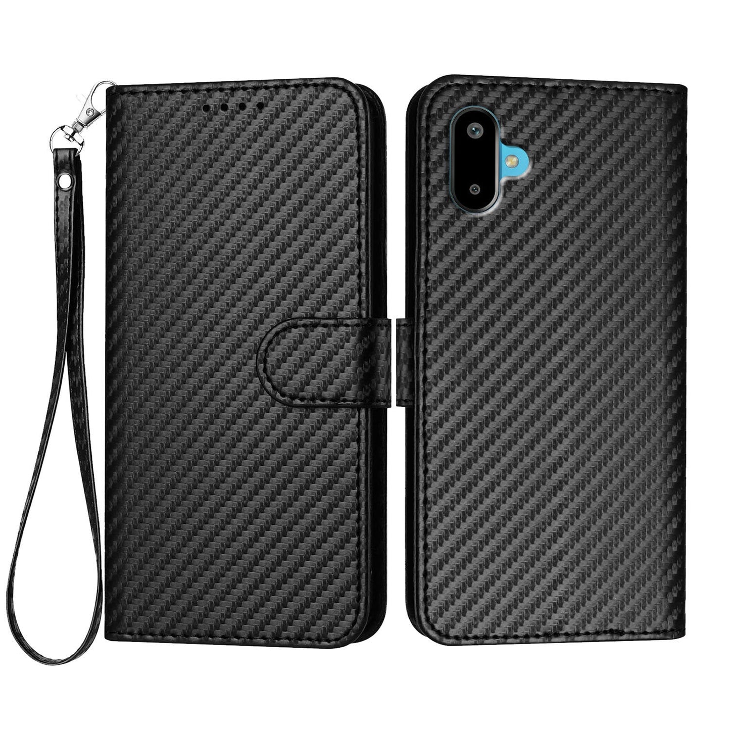 For Samsung Galaxy M06 5G / Galaxy F06 5G Wallet Case with Strap Carbon Fiber Texture Leather Mobile Cover - Black