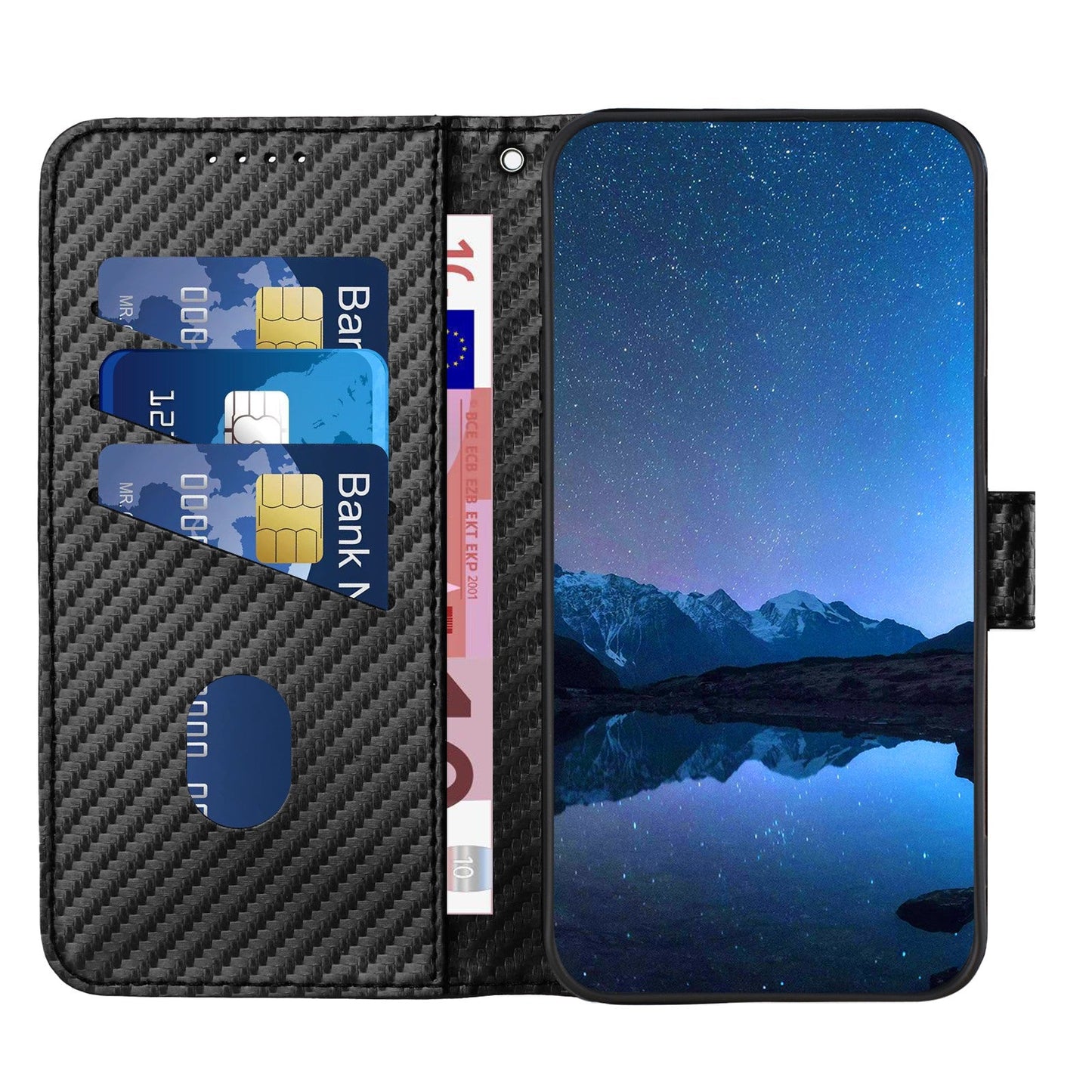 For Samsung Galaxy M06 5G / Galaxy F06 5G Wallet Case with Strap Carbon Fiber Texture Leather Mobile Cover - Black