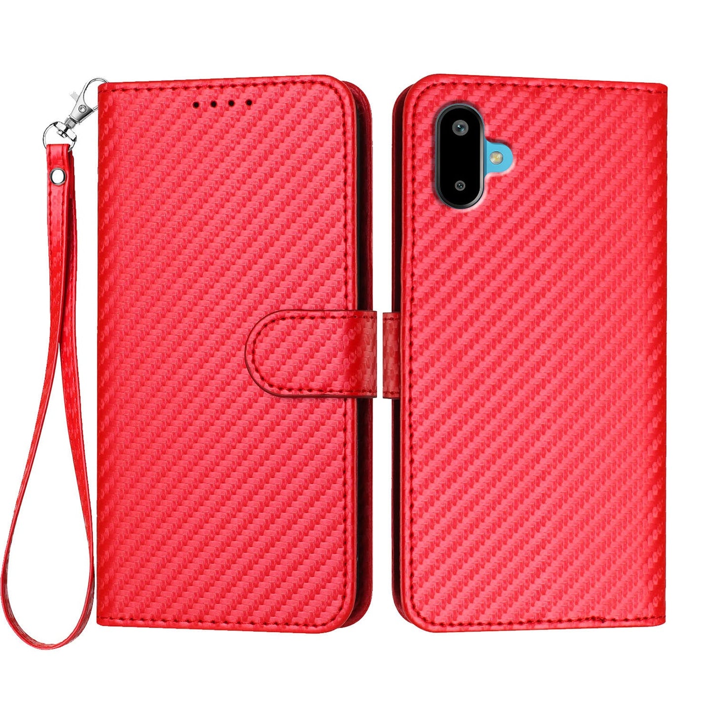 For Samsung Galaxy M06 5G / Galaxy F06 5G Wallet Case with Strap Carbon Fiber Texture Leather Mobile Cover - Red