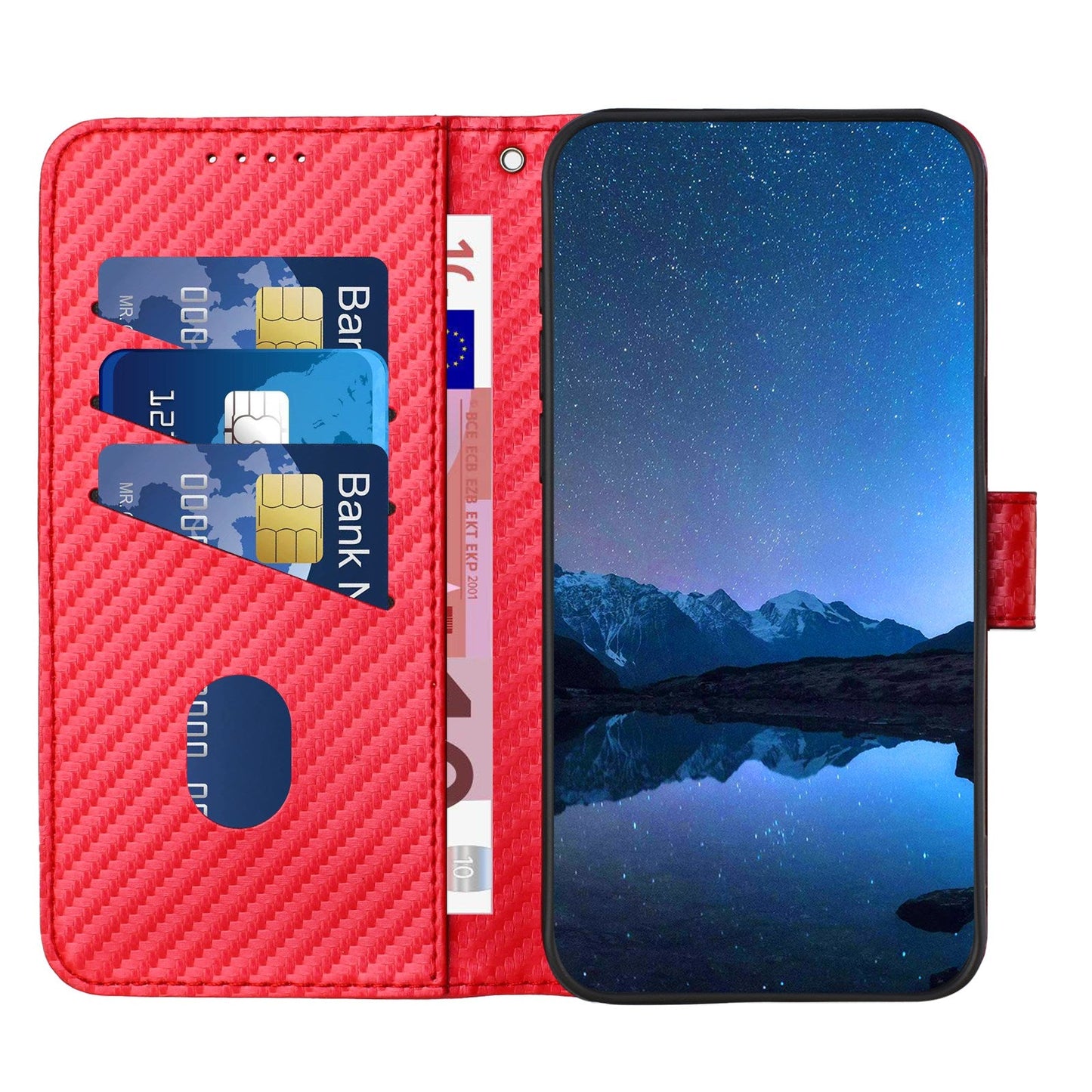 For Samsung Galaxy M06 5G / Galaxy F06 5G Wallet Case with Strap Carbon Fiber Texture Leather Mobile Cover - Red
