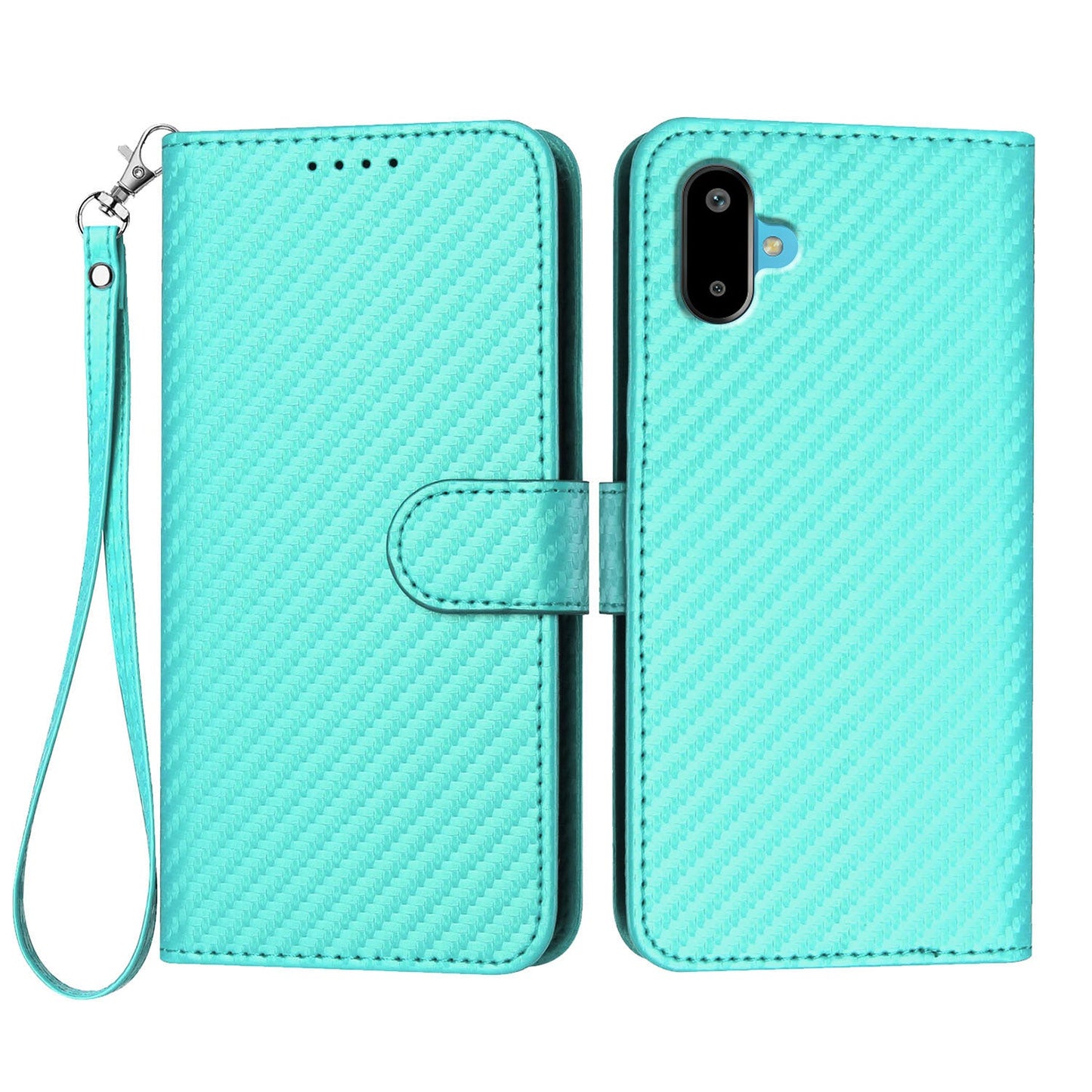 For Samsung Galaxy M06 5G / Galaxy F06 5G Wallet Case with Strap Carbon Fiber Texture Leather Mobile Cover - Light Blue