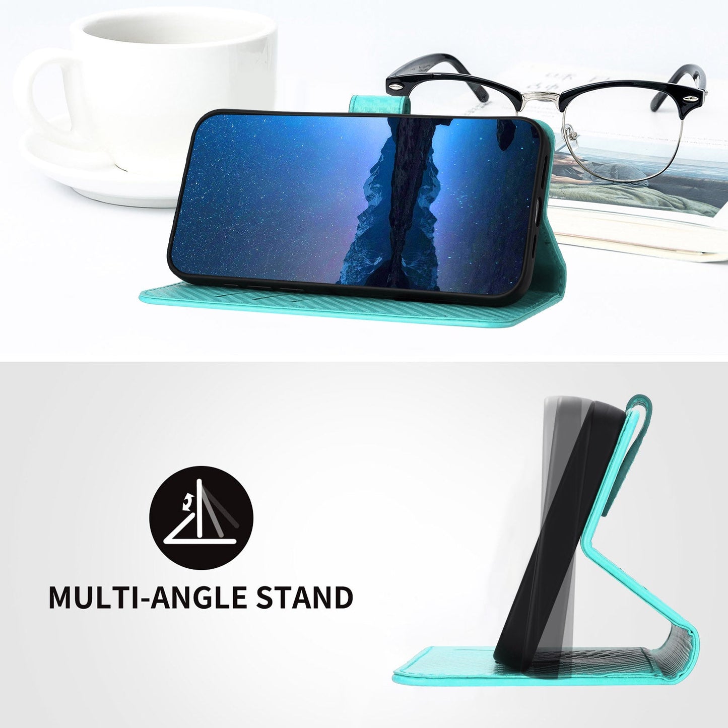 For Samsung Galaxy M06 5G / Galaxy F06 5G Wallet Case with Strap Carbon Fiber Texture Leather Mobile Cover - Light Blue