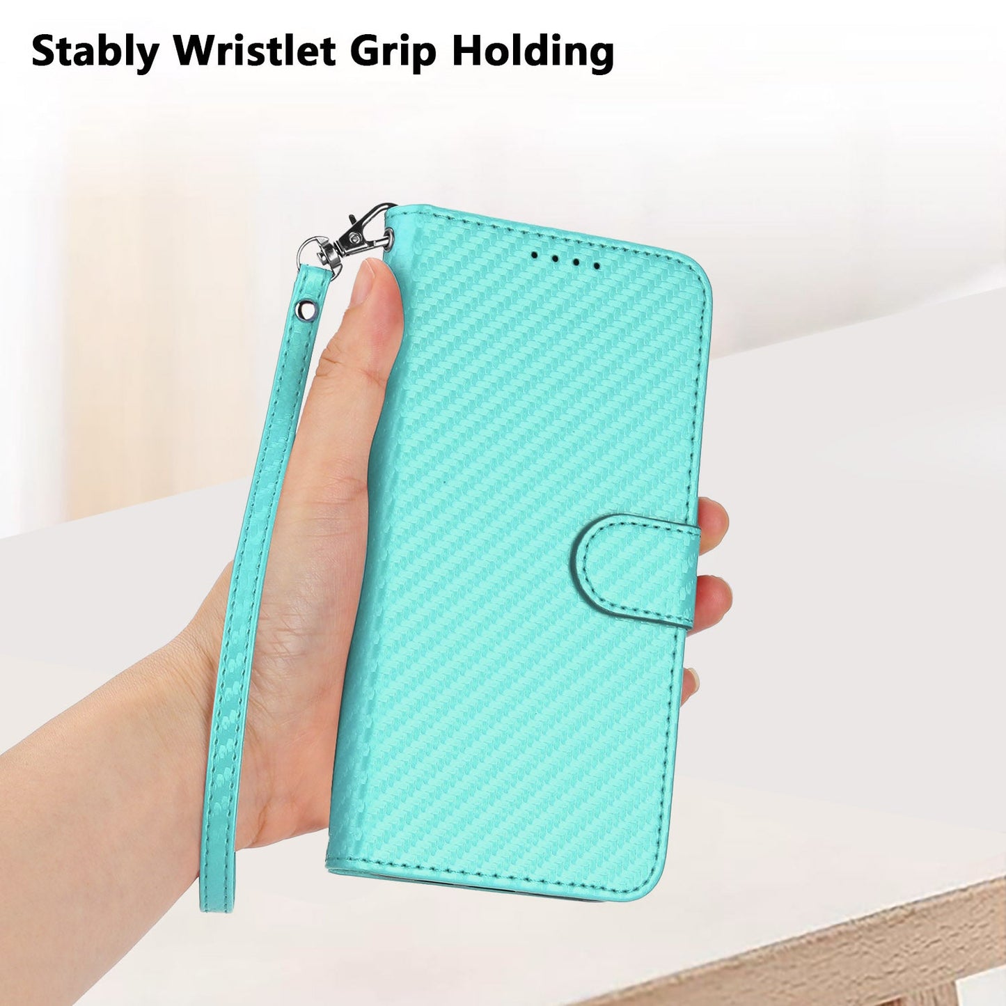 For Samsung Galaxy M06 5G / Galaxy F06 5G Wallet Case with Strap Carbon Fiber Texture Leather Mobile Cover - Light Blue