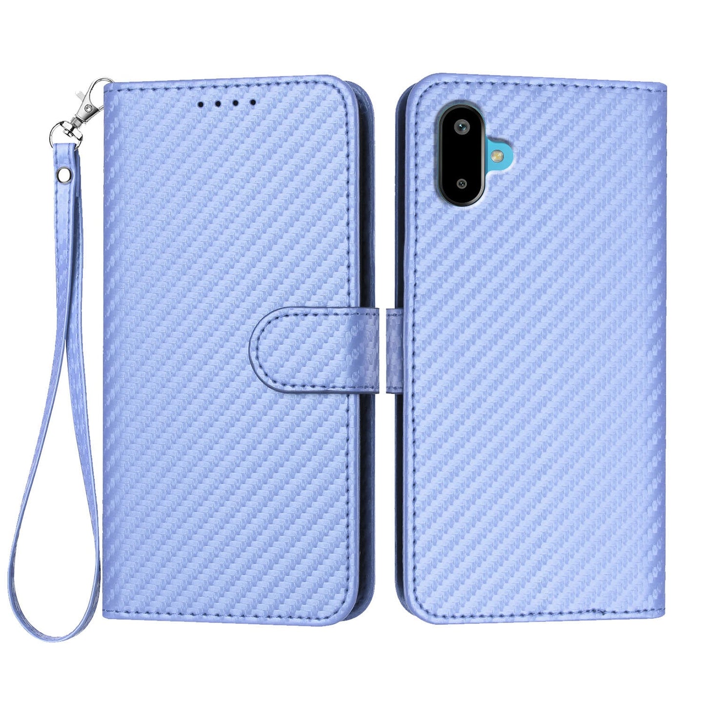 For Samsung Galaxy M06 5G / Galaxy F06 5G Wallet Case with Strap Carbon Fiber Texture Leather Mobile Cover - Purple