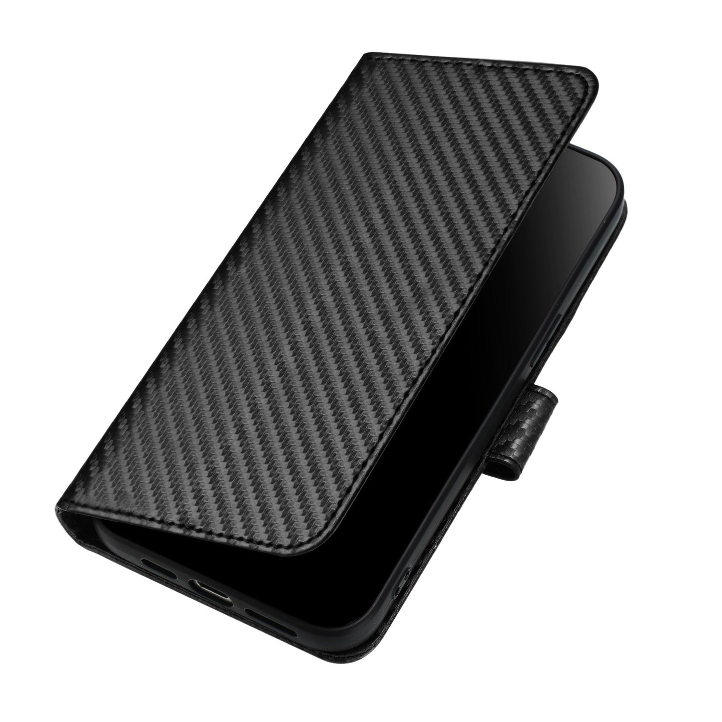 For Samsung Galaxy M16 5G / Galaxy F16 5G Wallet Case with Strap Carbon Fiber Texture Leather Mobile Cover - Black