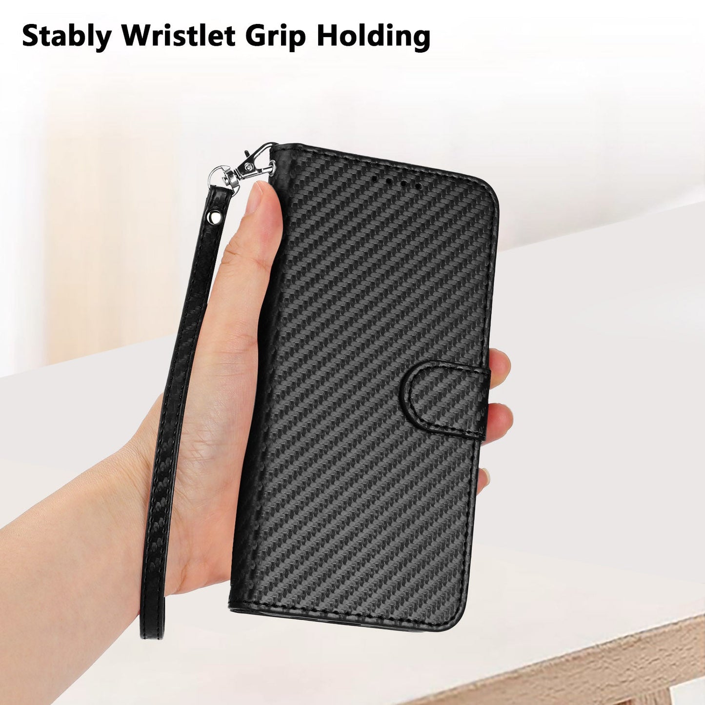 For Samsung Galaxy M16 5G / Galaxy F16 5G Wallet Case with Strap Carbon Fiber Texture Leather Mobile Cover - Black