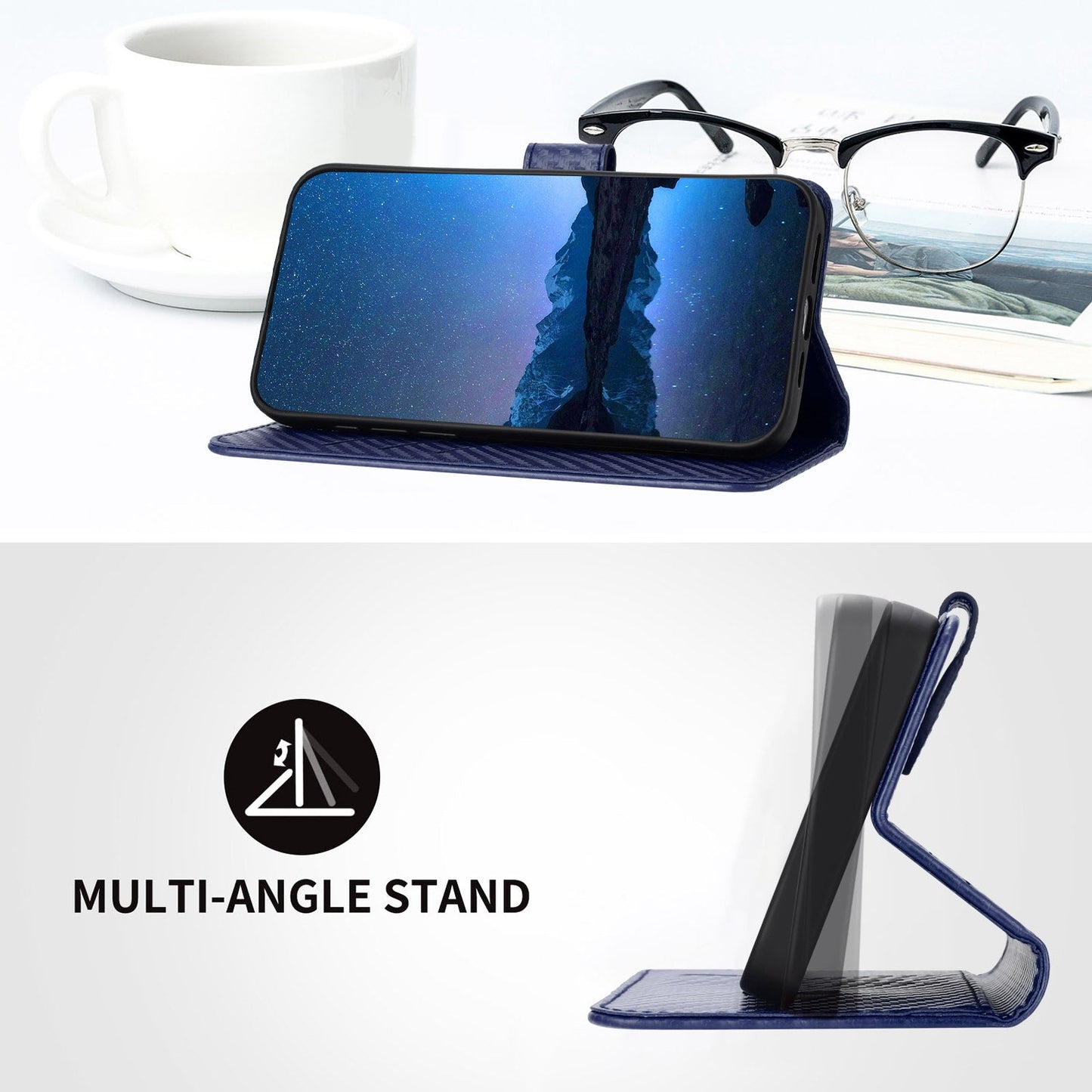 For Samsung Galaxy M16 5G / Galaxy F16 5G Wallet Case with Strap Carbon Fiber Texture Leather Mobile Cover - Royal Blue