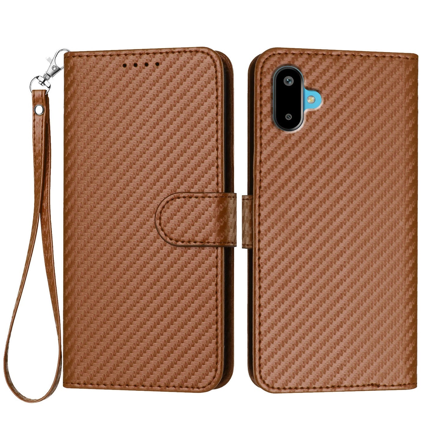 For Samsung Galaxy M16 5G / Galaxy F16 5G Wallet Case with Strap Carbon Fiber Texture Leather Mobile Cover - Coffee