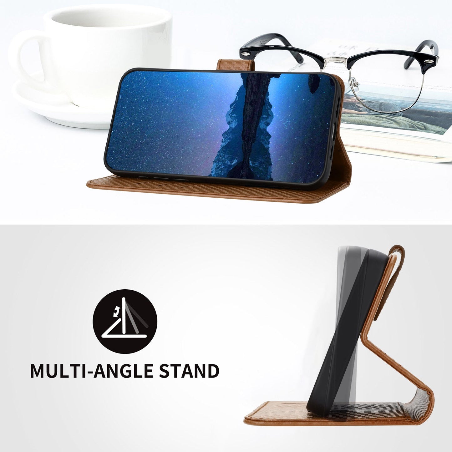 For Samsung Galaxy M16 5G / Galaxy F16 5G Wallet Case with Strap Carbon Fiber Texture Leather Mobile Cover - Coffee