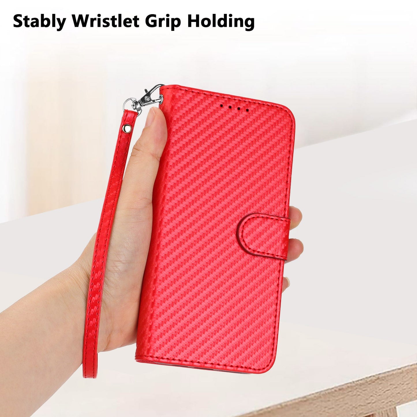 For Samsung Galaxy M16 5G / Galaxy F16 5G Wallet Case with Strap Carbon Fiber Texture Leather Mobile Cover - Red