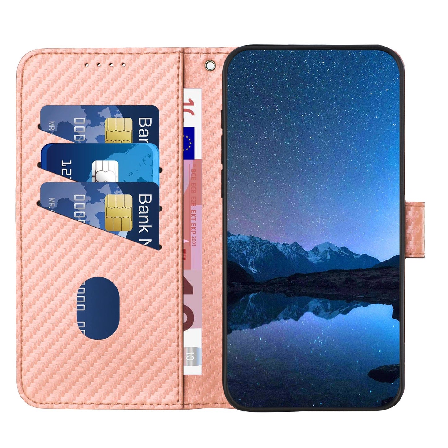 For Samsung Galaxy M16 5G / Galaxy F16 5G Wallet Case with Strap Carbon Fiber Texture Leather Mobile Cover - Pink