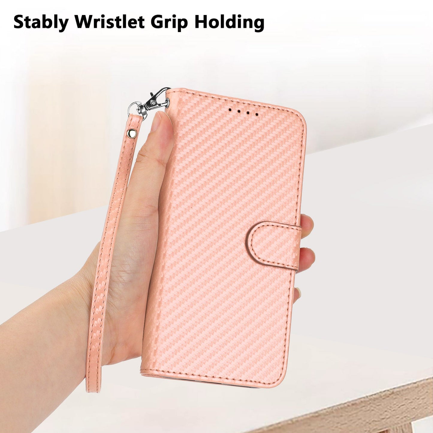 For Samsung Galaxy M16 5G / Galaxy F16 5G Wallet Case with Strap Carbon Fiber Texture Leather Mobile Cover - Pink