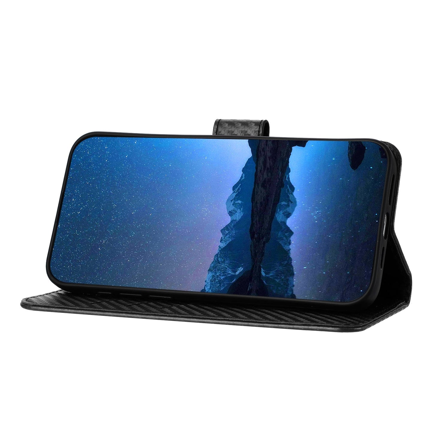For vivo V50 Lite 5G Wallet Case with Strap Carbon Fiber Texture Leather Mobile Cover - Black