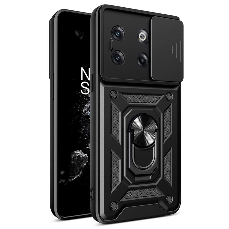 For OnePlus 10T 5G / Ace Pro 5G Drop-proof Phone Cover with Ring Holder Slide Camera Protection PC + TPU Kickstand Cell Phone Case - Black