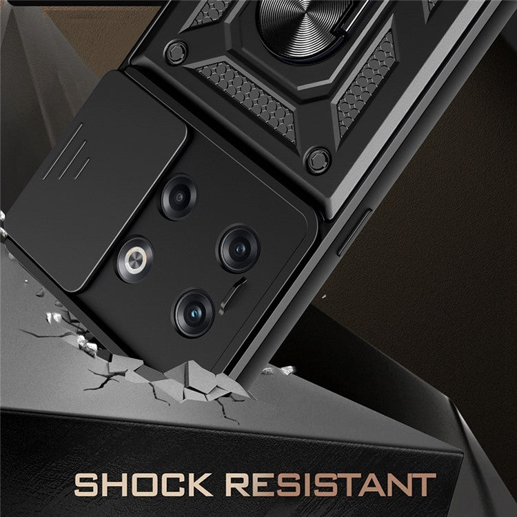 For OnePlus 10T 5G / Ace Pro 5G Drop-proof Phone Cover with Ring Holder Slide Camera Protection PC + TPU Kickstand Cell Phone Case - Silver